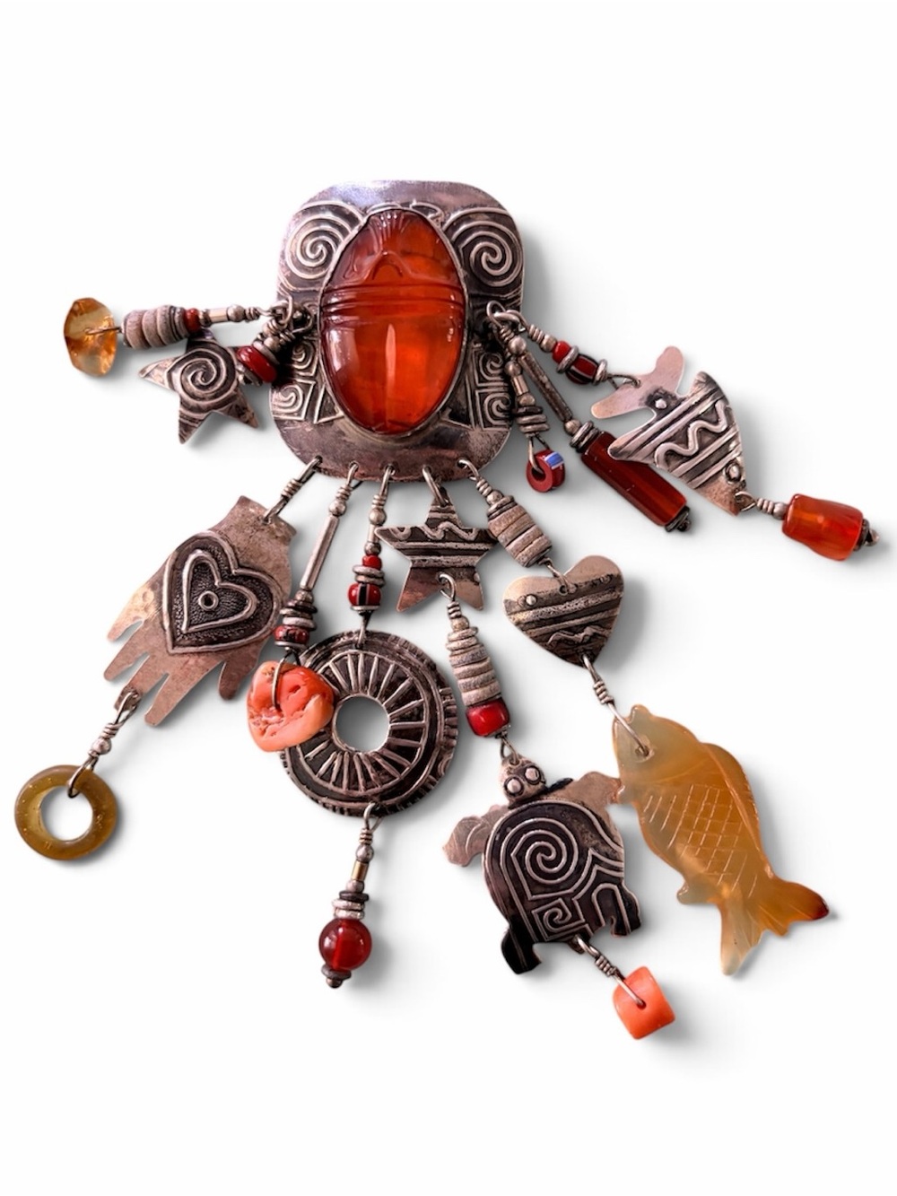 Vintage Tabra Carved Scarab Talisman Brooch Sterling Silver Amber Carnelian